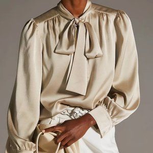 NWT Mare Mare Anthropologie Champagne Pussybow Tie neck blouse